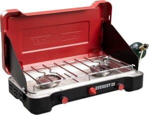 Portable propane stove for off-grid cooking appliances with dual burners and wind protection.