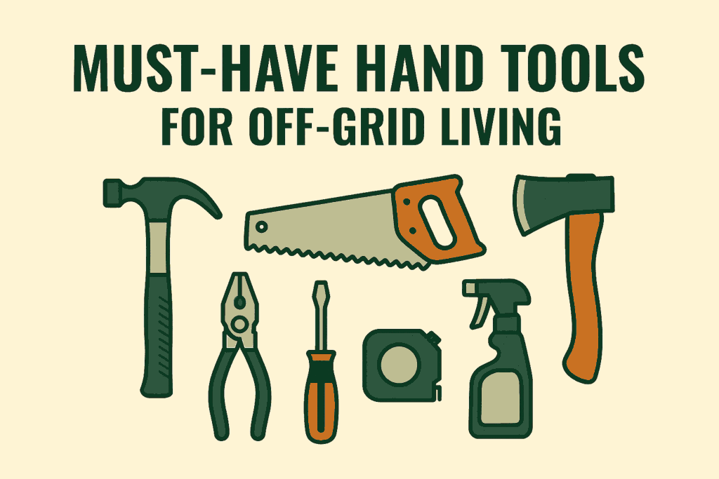 Flat-style digital illustration of essential hand tools for off-grid living including a hammer, saw, hatchet, pliers, screwdriver, and tape measure