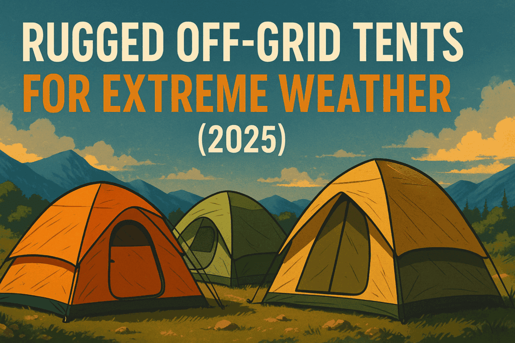 Rugged off-grid tents set in a scenic mountain landscape under the title “Rugged Off-Grid Tents for Extreme Weather (2025)”
