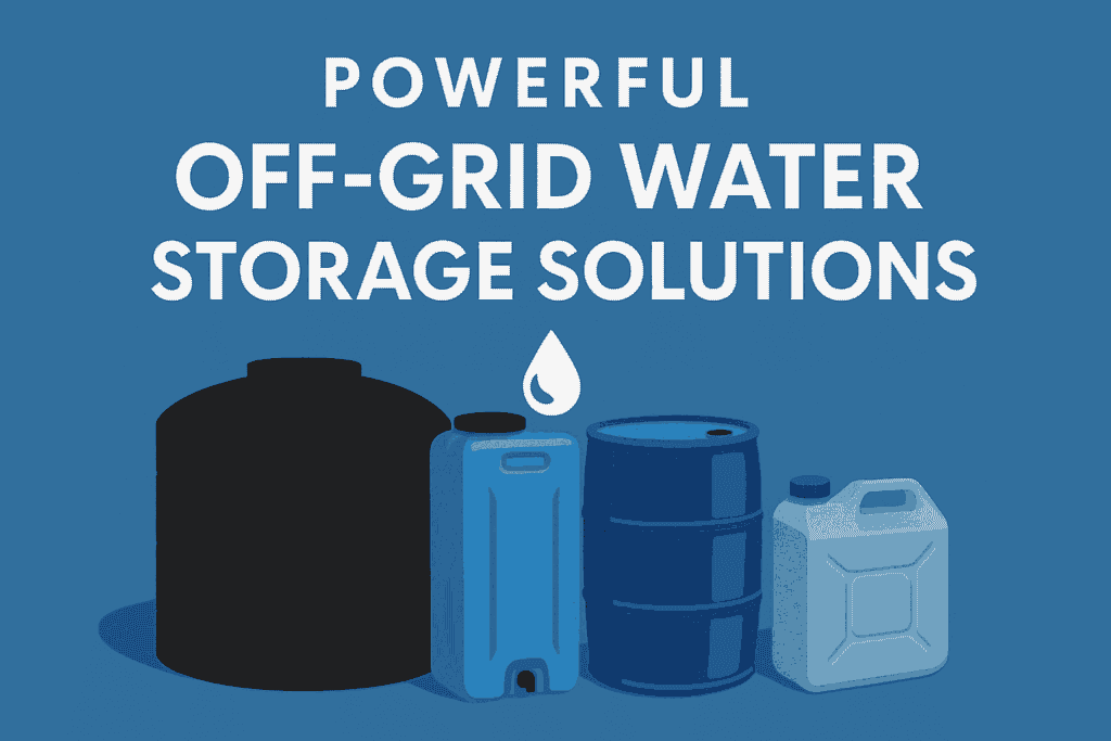 Illustration of various off-grid water storage containers with the title “Powerful Off-Grid Water Storage Solutions”