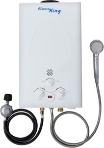 Propane-powered Flame King shower unit with hose—one of the most effective Off-Grid Shower Solutions for remote living