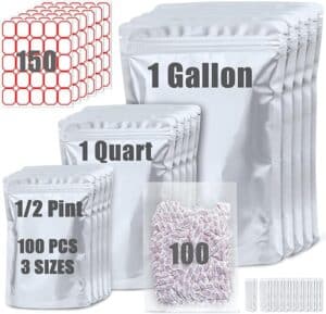 Silver mylar bags with oxygen absorbers used in budget-friendly off-grid food preservation