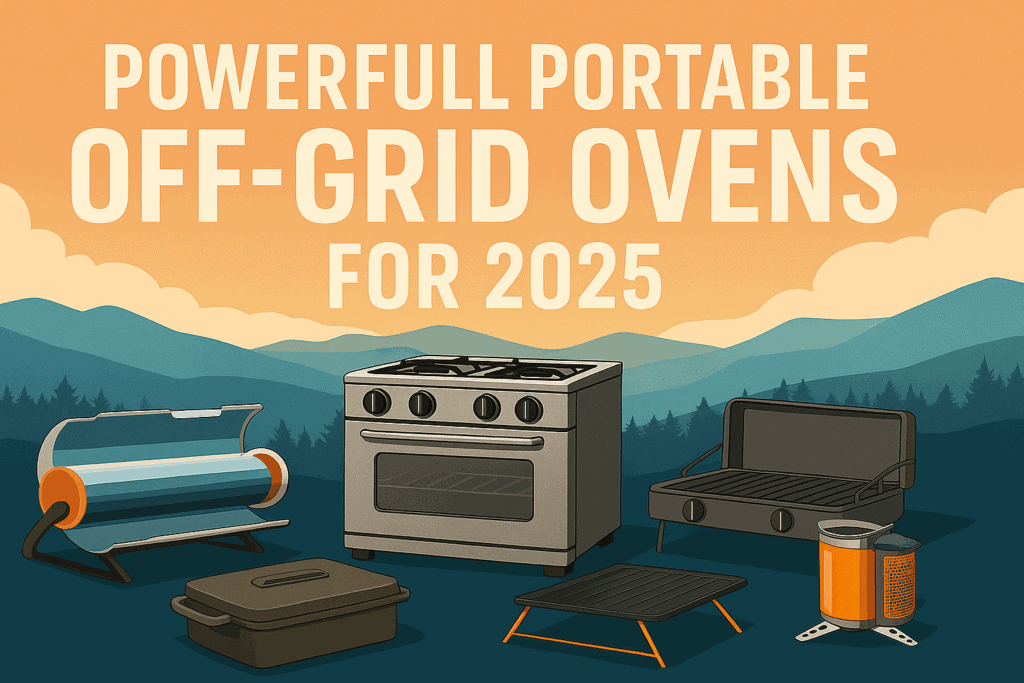Illustration of powerful portable off-grid ovens including solar, propane, and biomass options in front of a stylized mountain landscape with the title “Powerful Portable Off-Grid Ovens for 2025.”