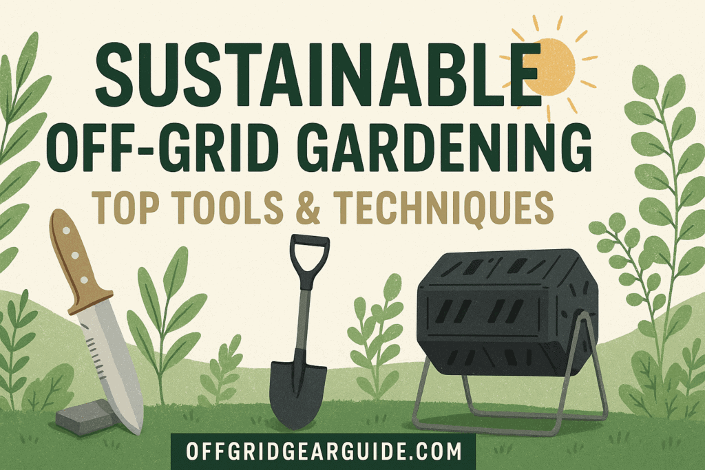 Sustainable off-grid gardening tools including hori-hori knife, spade, and compost bin with leafy background