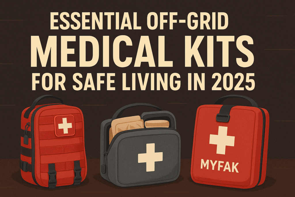 Three off-grid medical kits including backpacks and a hard case, displayed against a dark brown background with bold cream text that reads “Essential Off-Grid Medical Kits for Safe Living in 2025”.