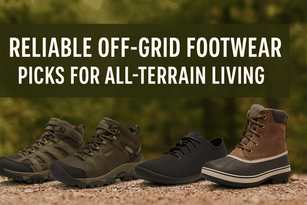 Four rugged off-grid boots displayed on gravel in front of a blurred forest background, with bold text reading “Reliable Off-Grid Footwear Picks for All-Terrain Living.”