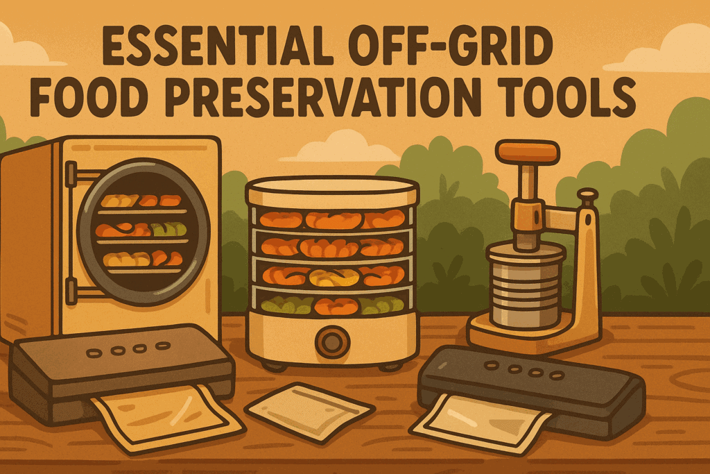 Cartoon-style illustration of a freeze dryer, food dehydrator, vacuum sealers, and manual can sealer on a wooden table with trees in the background and bold text that reads “Essential Off-Grid Food Preservation Tools”