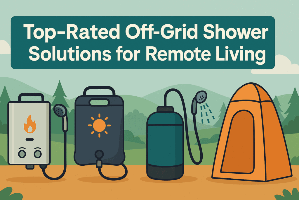 Illustration of off-grid shower solutions including a propane shower, solar shower bag, pump shower, and privacy tent with forest background