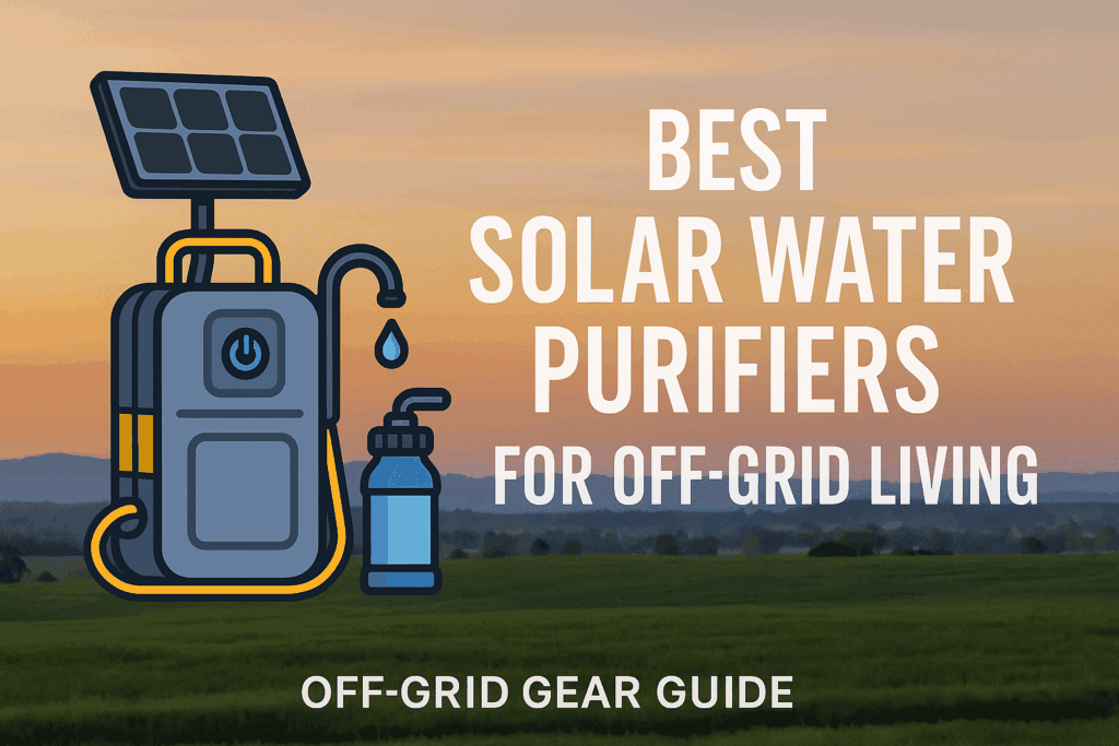 Illustration of a solar water purifier with a scenic off-grid landscape and bold title text promoting solar-powered clean water solutions.