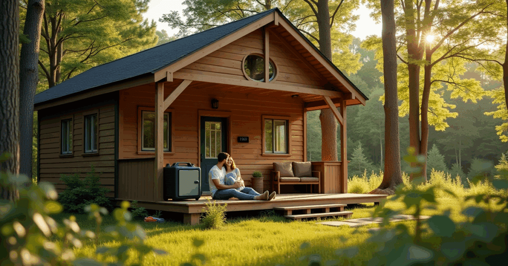 Couple sitting on the porch of a quiet cabin in the woods with a Silent Off-Grid Generator beside them