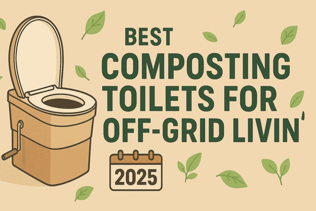 Illustrated composting toilet with text “Best Composting Toilets for Off-Grid Livin’ 2025” surrounded by green leaves