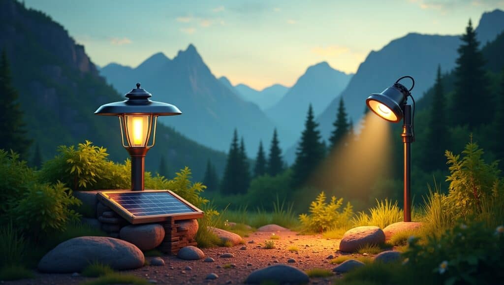Two off-grid lights — a solar-powered lantern and a battery-powered spotlight — illuminate a peaceful mountain path at dusk, symbolizing the solar vs battery off-grid lights comparison.