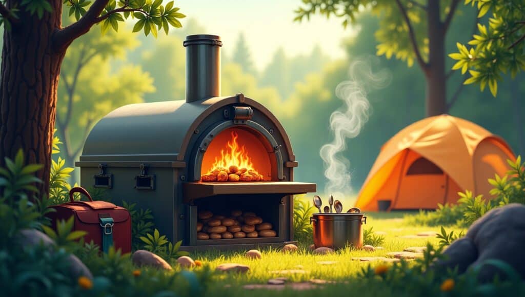 a vibrant, highly detailed, ultra-high-resolution illustration of a camp chef oven in action, surrounded by lush greenery, amidst a sun-kissed summer campsite, with warm golden light casting a gentle glow on the entire scene, the oven's metal body glistening with a subtle sheen, emitting a tantalizing aroma of sizzling food wafting into the air, as a few utensils and camping gear are artfully scattered in the foreground, capturing the essence of a perfect outdoor culinary experience