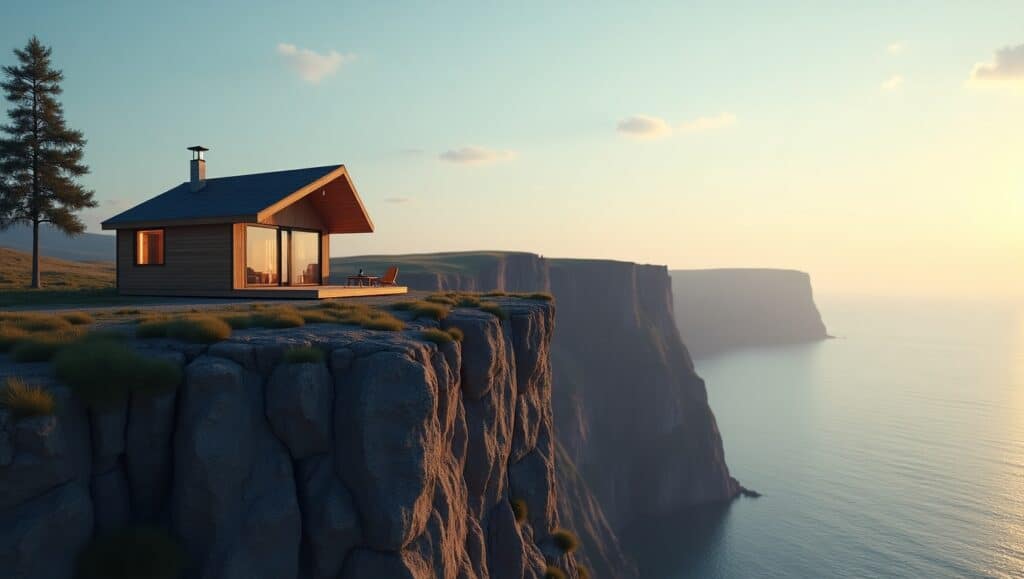 Remote off-grid cabin perched on a cliffside at sunset, symbolizing solitude and connection through off-grid internet solutions.